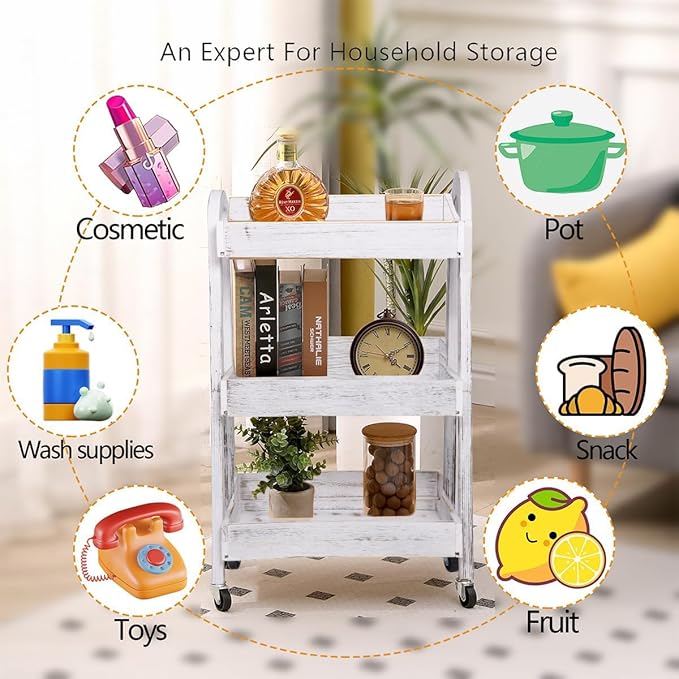 3-Tier Wooden Rolling Cart- Wooden Utility Cart wit Wheels- Utility Rolling Cart-Storage Trolley Organizer- Rolling Kitchen Serving Cart for Office,Kitchen, Kids' Room (Retro White)