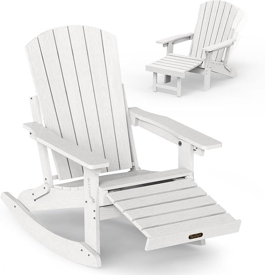 Adjustable Adirondack Rocking Chair with Retractable Ottoman Footrest, 4-in-1 Foldable HDPE Outdoor Rocker, Weather Resistant Adirondack Chair for Porch, Garden & Poolside, White