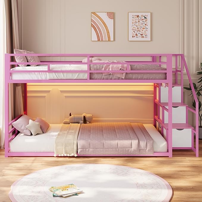 ADORNEVE Low Bunk Bed Twin Over Twin with Storage Stairs, Drawers & Shelves, RGB LED Lights Metal Floor Bunk with Power Outlet, Full-Length Guardrail & Metal Slats, for Small Space, Kids, Pink
