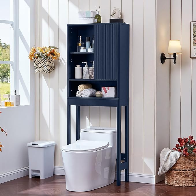LEYAOYAO Fluted Over The Toilet Storage Cabinet, Farmhouse Over Toilet Bathroom Organizer with a Sliding Door, 68" Tall Blue Freestanding Washer Shelf with Adjustable Shelf & Curved Profile