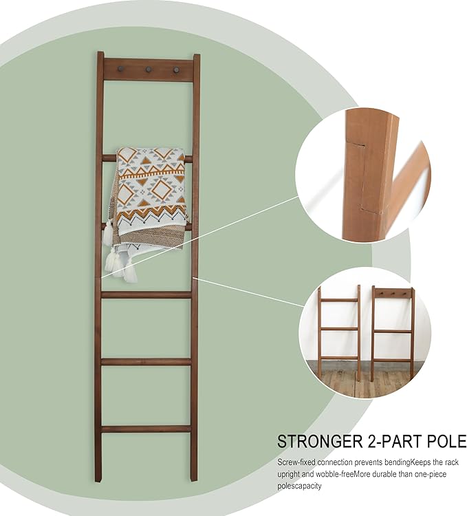 Wooden Blanket Ladder - Natural & Motley Wood - Leaning Wall Decor for Bedroom, Bathroom, Living Room - Rustic Quilt Holder & Towel Rack (Walnut Color + Hook, 76in（5-Tier）)