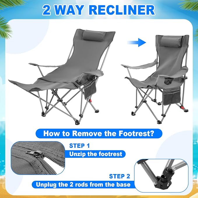 Yuntau 2 Set Reclining Beach Chairs with UPF 50+ Umbrellas Shade, Upgraded Heavy Duty Portable Folding Lounge Camping Chair with Canopy Removable Footrest & Headrest for Outdoor Patio(Grey,Blue)