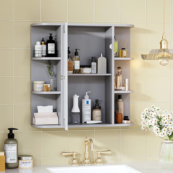 VINGLI Grey Mirror Medicine Cabinet Wall Mounted, Bathroom Storage Organizer Over Toilet with 6 Open Curved Shelves, Adjustable Vanity Cupboard with Single Door for Entryway & Living Room, Grey