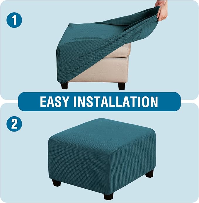H.VERSAILTEX Square Ottoman Covers Ottoman Slipcovers Folding Storage Stool Furniture Protector Form Fit with Elastic Bottom, Stretch High Spandex Small Checks Jacquard Fabric(Medium,Deep Teal)