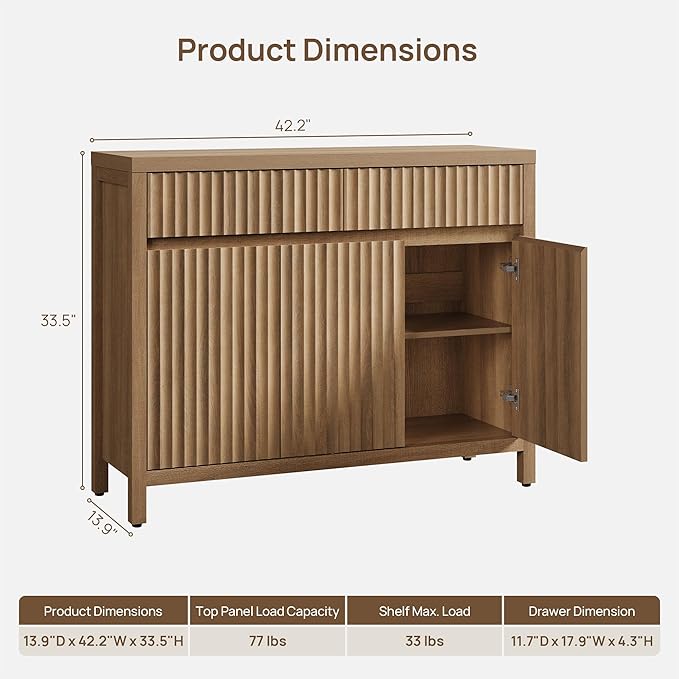 SICOTAS Fluted Sideboard Buffet Cabinet with Storage – 42" Credenza Accent Cabinet with 2 Drawers and 3 Doors, Modern Entryway Cabinet Console with Adjustable Shelves for Living Room, Kitchen