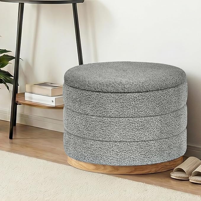 Round Storage Ottoman with Tray Lid, Folding Chenille Fabric Footrest with Hidden Storage, 22.8" Large Footstool Side Table for Dorm Living Room Bedroom, Wood Grain Base, Grey