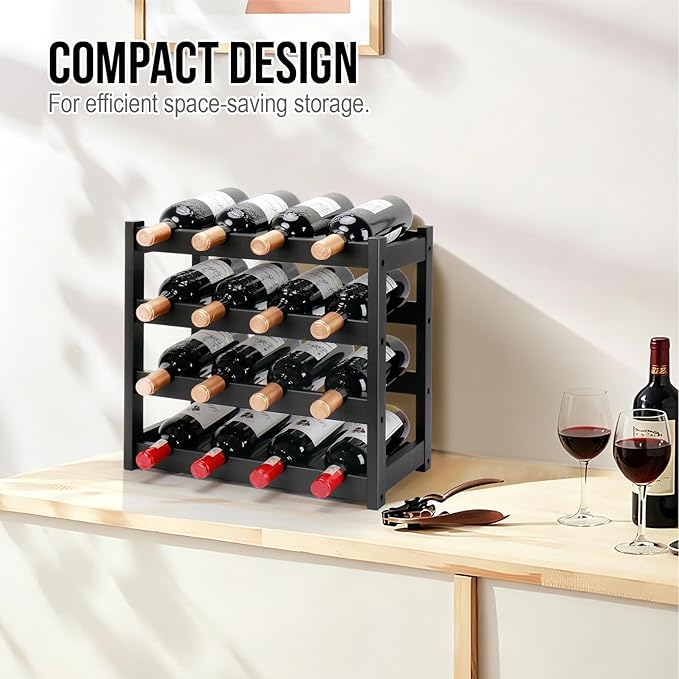 Bamboo Wine Rack, 4-Tier 16 Bottles Wine Storage Cabinet Shelf, Easy-Assembly Freestanding Bamboo Wine Racks Countertop for Kitchen Pantry Dining Room Bar, Black