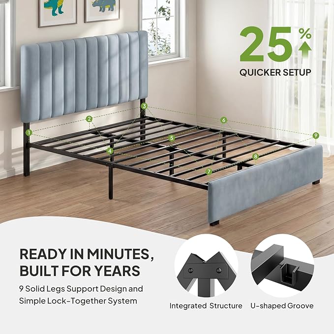 Welzona Queen Bed Frame with Headboard, Velvet Fully Upholstered Metal Platform Bed with Vertical Channel Tufted Headboard, 3-Level Height, Under-Bed Storage, Metal Support, Easy Assembly, Blue