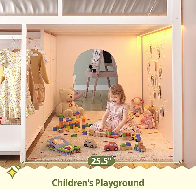 UPOSOJA Twin - Low Loft Bed with Kids Clothing Rack, Kids Loft Bed, Loft Bed with Tent, Toy Storage Box, Safety Guardrail, LED Light, Under-Hide and Seek Bed Play Space (White)