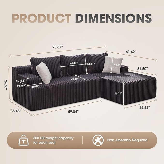 Hobestluk Modular Sectional Sofa Boneless Couch L-Shape Couch 3 Seat Modular Couch Memory Foam Sectional Couches for Living Room Furniture, Cloud Couch with Chaise Lounge (96" Right Facing Chaise)