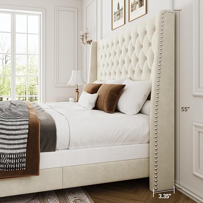 Queen Bed Frame with 55" Tall Headboard, Upholstered Bed Frames, Soft Fabric, Button Tufted Headboard with Windback, Platform Bed, Noise-Free, No Box Spring Needed, Beige