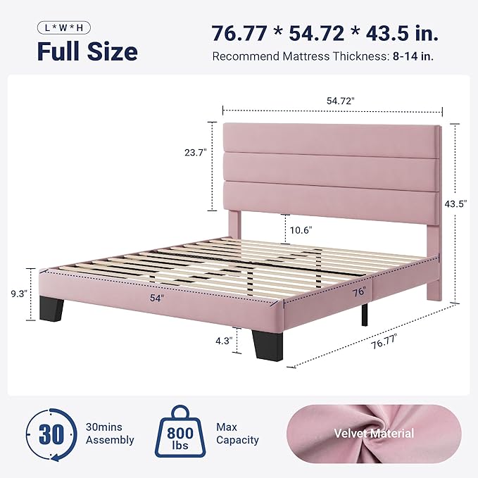 Allewie Full Size Platform Bed Frame with Velvet Upholstered Headboard and Wooden Slats Support, Fully Upholstered Mattress Foundation/No Box Spring Needed/Easy Assembly, Pink