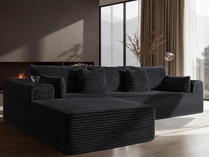 108" Oversized Cloud Sectional Couch, Comfort U Shaped Sofa for Living Room, Extra Deep Seats No Assembly, Minimalist Modular Couch, Corduroy (Black, 2 Seater+Left Facing Chaise)