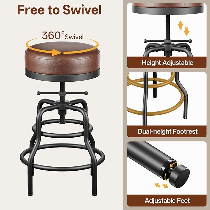 Raynesys Adjustable Height Swivel Bar Stools Set of 3, 22-29 Inch Industrial Vintage Bar Counter Height Stools with Thicken Premium Bonded Leather Seats & Updated Footrests, Easy Assembly, Brown