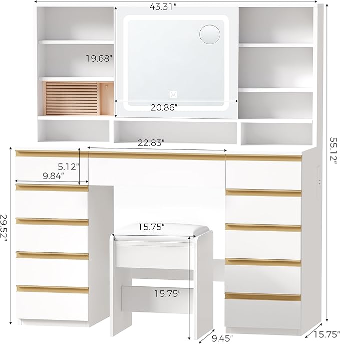 ANWBROAD Vanity Desk with Sliding Mirror and Lights,Large Makeup Vanity Set with Jewelry Storage,11 Drawers,6 Shelves, 3 Color Lights, White Dressing Table with Stool Power Outlet for Women UBDT98W