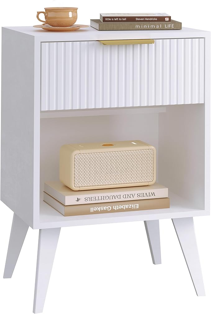 YAUKOMEL Fluted Night Stand with Opening Storage,Mid Century Bedside Table with Drawer,Modern Nightstand with Solid Wood Legs,End Table Side Table for Living Room,Bedroom,White CTG56W