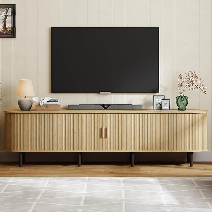 ONBRILL 86.6" TV Stand with Power Outlet for TVs up to 90 Inch, Entertainment Center with Storage and Adjustable Shelves, Modern Media Console with Sliding Doors for Living Room, Oak