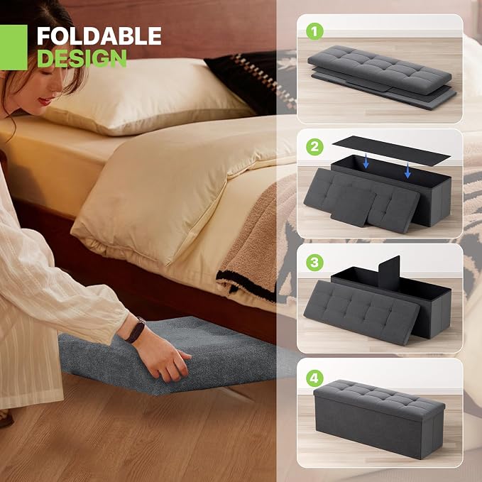 Magshion Folding Storage Ottoman Bench, 43 Inches Ottoman Foot Rest, Large End of Bed Bench, Storage Chest for Living Room, Entryway, Bedroom, 600 lbs Load Capacity, 15 x 43 x 15 Inches, Dark Gray