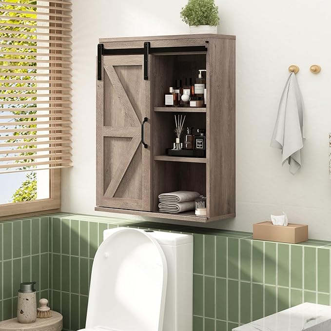 RUSTOWN Farmhouse Wood Wall Storage Bathroom Cabinet with Sliding Barn Door, Rustic Medicine Cabinet with Adjustable Shelf, 3-Tier Vintage Cabinet for Kitchen, Bathroom, Living Room (Washed Oak)