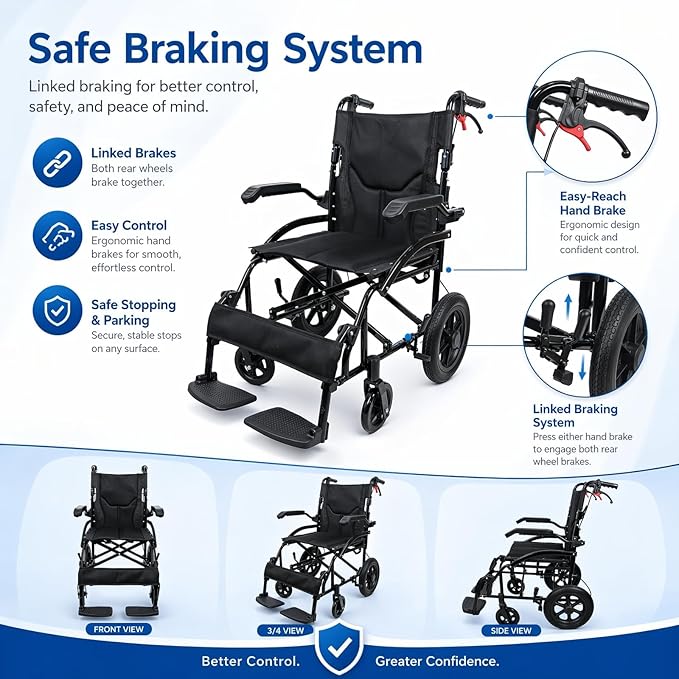IDEALHOUSE Lightweight Foldable Transport Wheelchair for Adults, with Flip Back Armrests, Swing Away Footrests, 6” PVC Front & 12” PU Rear Wheels, Aluminum Frame, Ideal for Travel