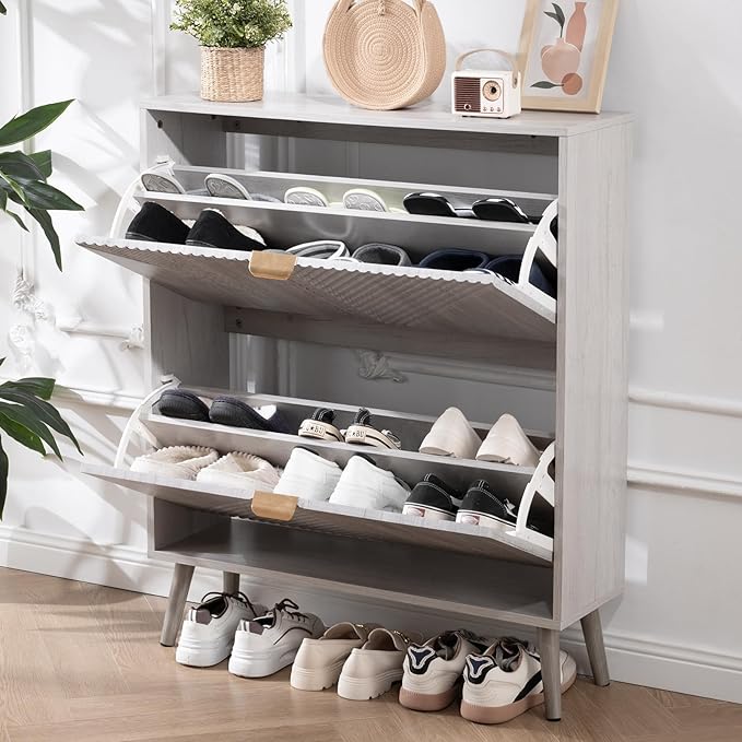 oakvivo Shoe Cabinet with 2 Flip Drawers, Freestanding Shoe Organizer with 4 Wooden feet, Modern Shoes Storage Cabinet for Entryway, Hidden Narrow Shoe Rack Cabinet for Foyer, Hallway, Mudroom, Grey