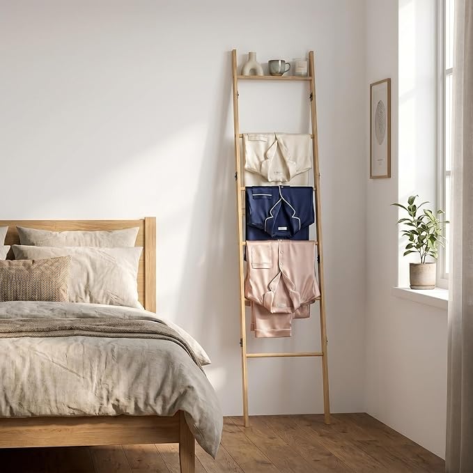 6 Tier Blanket Ladder with Shelf, Wooden Blanket Rack for Living Room, Leaning Towel Ladder Rack for Bedroom, Bathroom, Quilts, Throws, Towels and Farmhouse Décor