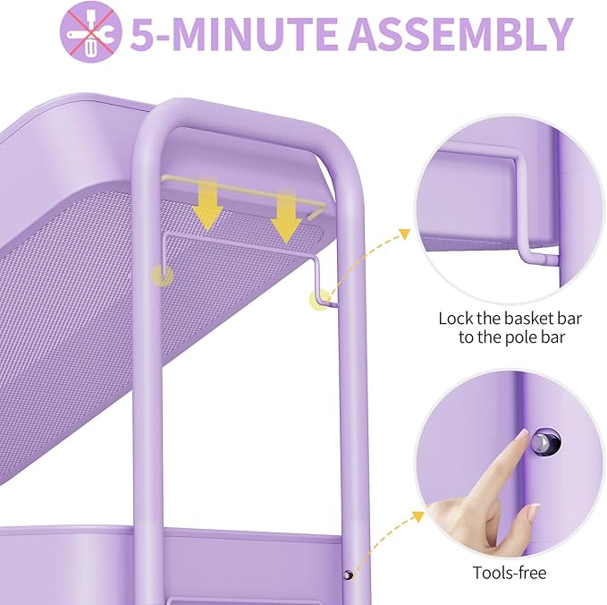 TOOLF 4-Tier Rolling Cart - Metal Storage Organizer with Lockable Wheels, 44 lbs Per Shelf Capacity, Tool-Free Assembly, for Kitchen Bathroom Office Laundry Room Nursery, Purple
