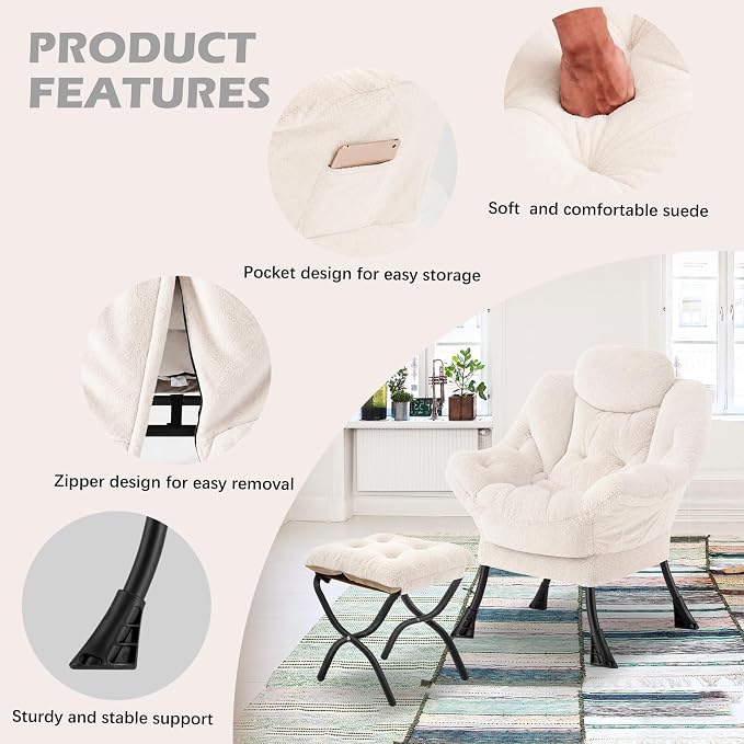 Lazy Chair with Folding Ottoman,Leisure Sofa Chair,Soft Fabric Armchair with Armrests and Side Pockets, Reading Chair with Footrest for Living Room, Bedroom, Office (Plush Beige)