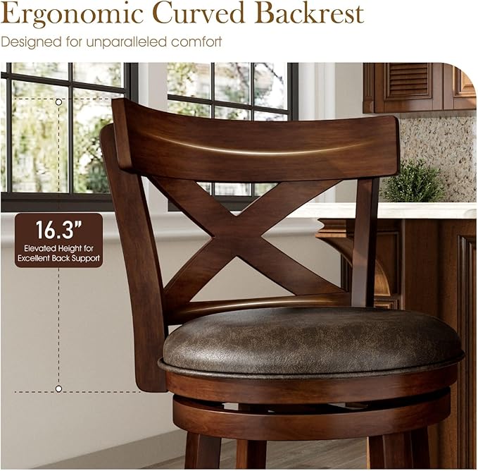 Sophia & William Swivel Bar Stools Set of 2, 360-Degree Swivel Stools with Cross Back, 30 Inch Kitchen Counter Bar Stools, Brown