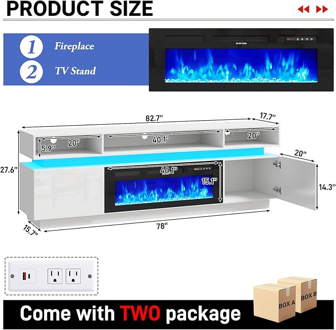 chartustriable Fireplace TV Stand for 95" TV, 83" LED Entertainment Center with 40" Fireplace & Power Outlets, High Gloss TV Stand, Gaming TV Media Console for Living Room, 83 Inch, White