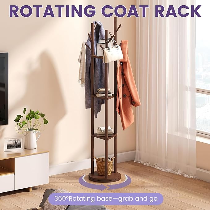 Rotating Coat Rack, Freestanding Coat Rack with 3 Shelves and 9 Hooks Clothes Organizer Coat tree for Bedroom, Entryway, Livingroom (Brown)