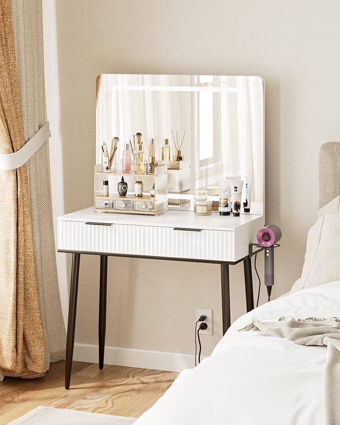 Vanity Desk with Large Mirror and Lights, Small Makeup Vanity Table with 2 Drawers, Dressing Table with 3 Adjustable Lighting Color, Small Makeup Desk for Bedroom, White with Black Leg