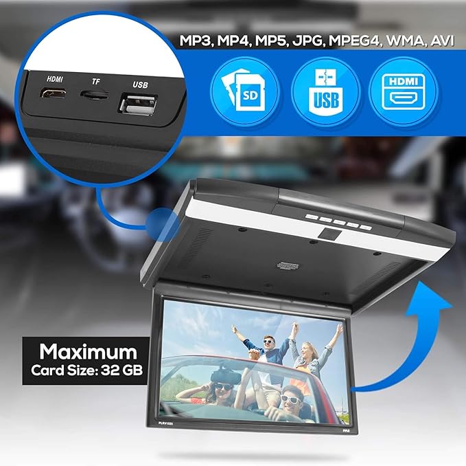 Pyle 15.6-Inch Overhead Flip-Down Car Monitor - Hi-Res 1680x800p Widescreen Car Roof Mount Monitor, Vehicle Flip Down Overhead Screen w/IR, FM Transmitter, USB/SD, HDMI, AV, Stereo Speaker -PLRV1525