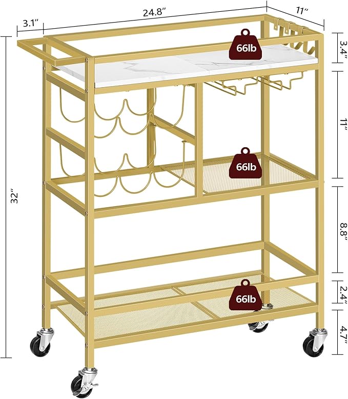 MAHANCRIS Bar Cart for Home, 3-Tier Serving Cart with Wheels and Handle, Beverage Cart with Wine Rack and Glass Holders, Rolling Wine Cart for Kitchen, Dining Room, Gold and White RCJM6101