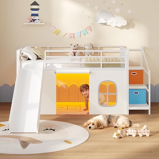 DICTAC Low Loft Bed with Slide,Storage Stairway and Led Lights Metal Twin Size Loft Bed with Under-Bed Play Space,Art Table & Play Curtain Twin Beds with 2 Drawers and 13.8''H Safety Guardrail,White