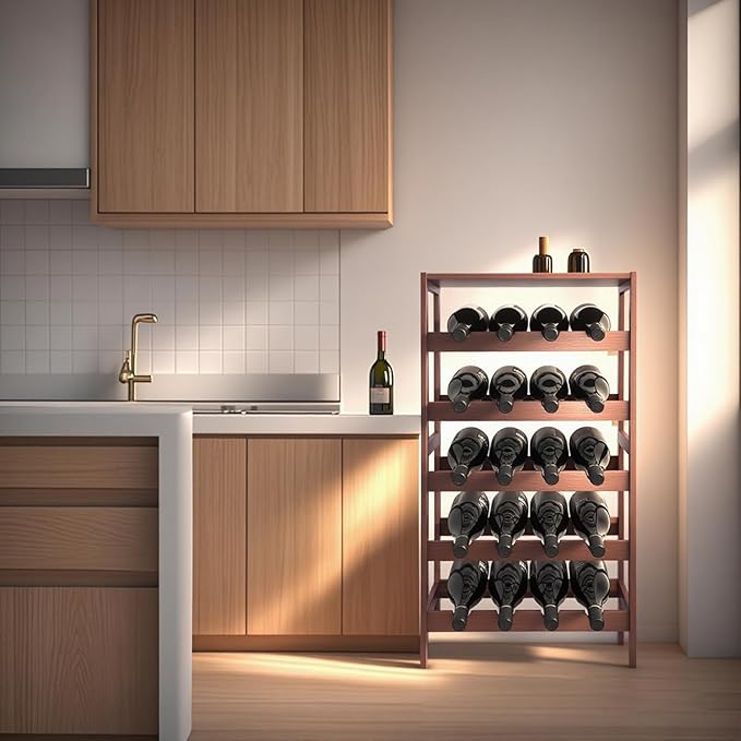20 Bottle Wooden Wine Rack with Table Top, 5 Tier Bamboo Freestanding Floor Wine Storage Holder, Retro Minimalist Style Home Decorations Wine Display Shelves for Kitchen Dining Room Bar