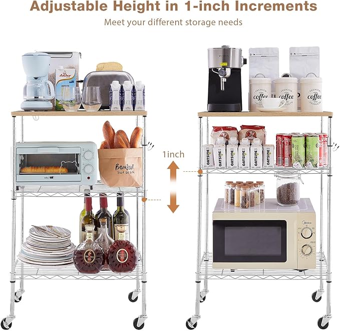 BolDuck 450Lbs Capacity Microwave Cart with Wheels, 3 Tier Rolling Cart with Adjustable Shelves, Multifunctional Metal Utility Storage Kitchen Carts on Wheels, 23.6" L*15.7" W*37" H, Wood+Chrome