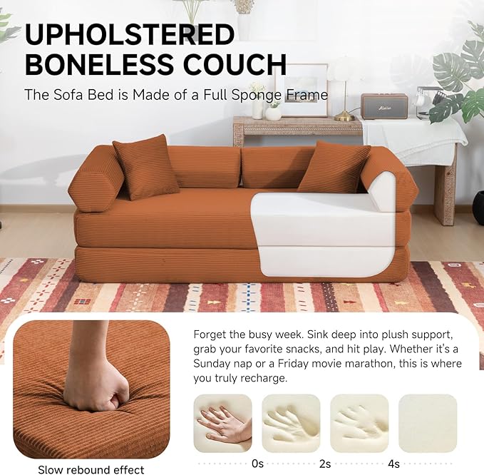 79" Boneless Couches for Living Room, Corduroy Sofa Bed with 2 Pillows,Side Pockets,Hex Arm, 5-in-1 Loveseat Sleeper Sofa for Small Spaces, High-Density Foam Couch, No Assembly, Orange