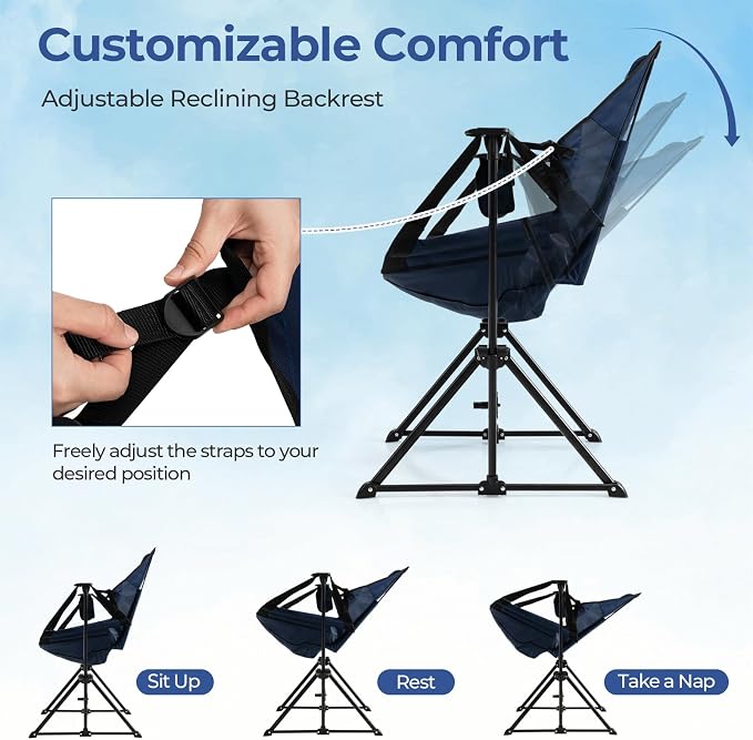 GYMAX Hammock Camping Chair, Folding Camp Chair with Detachable Footrest, Adjustable Backrest, Pillow, Cup Holder & Carry Bag, Portable Rocking Camping Chairs for Beach Lawn Fishing (2, Navy)
