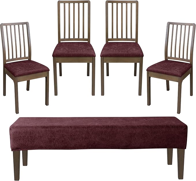 FORCHEER Dining Room Chair Seat Covers Set of 4 with 1 PC Bench Cover Set Faux Leather Fabric Anti-Dust Removable Seat Protector for Dining Room- 4 PCS Chair Cover+1 PC Bench Cover(Wine red)