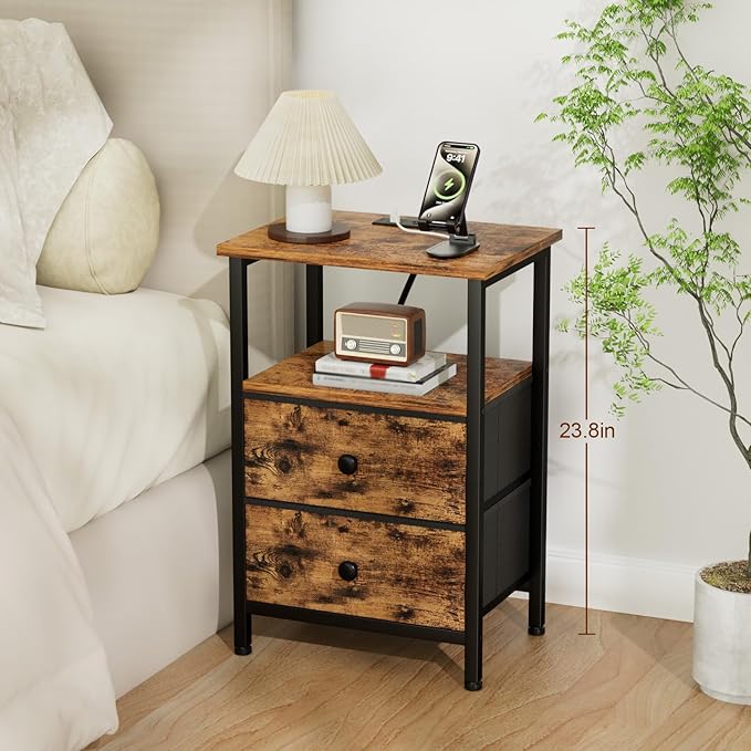 LOAKEKEL Night Stand, Nightstand with Charging Station, Slim Industrial Bedside Table with 2 Fabric Drawers, Small End Table with USB & Type-C Ports for Bedroom, Brown, HETS020BR-1