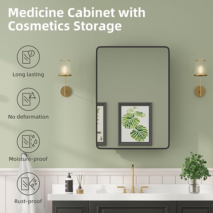 20×28 Black Medicine Cabinet with Mirror, Bathroom Medicine Cabinet with Mirror for Vanity Wall Mounted & Recessed with Cosmetics Storage Rack, 2 Stable and Removable Shelves, Easy Installation