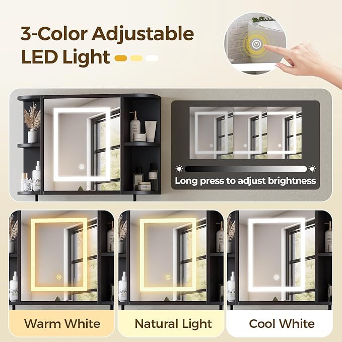 Bathroom Wall Cabinet with Mirror, Mirrored Medicine Cabinet with 3 Colors LED Light and 4 Open Shelves, Wall Mounted Over Toilet Storage Cabinets with Adjustable Shelf, 21.7"L x 6.7"W x 18.1"H, Black
