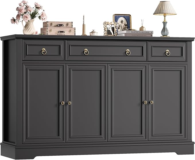 FINETONES Buffet Cabinet with Storage, 52.7" Large Sideboard Buffet Table, Black Kitchen Cabinet with 3 Drawers and 4 Doors, Wood Coffee Bar for Kitchen Dining Room, Black
