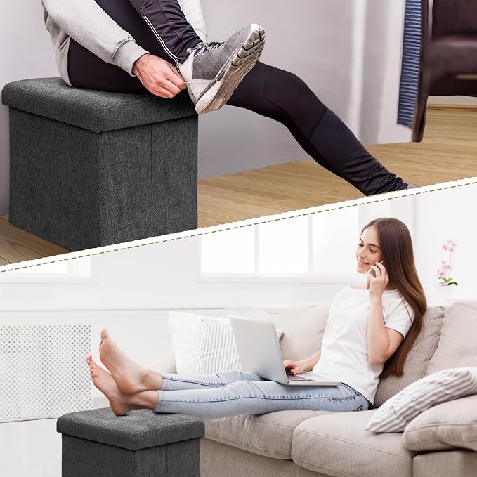 Athena Collection Line Square Ottoman with Storage, 15 Inch Small Storage Ottoman, Multipurpose Footstool Foot Rest for Living Room, Bedroom, Dorm, Dark Grey