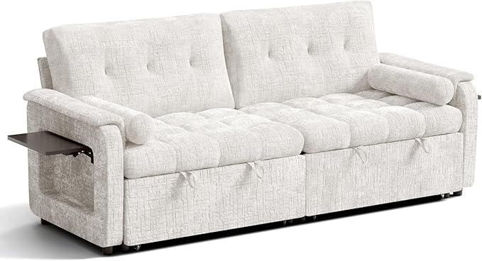 Convertible Sleeper Sofa Bed, 86 Inch Chenille Pull Out Couch with Side Table & Adjustable Backrest, Sectional Sleeper Sofa with Pull Out Bed for Living Room, Apartment, Beige