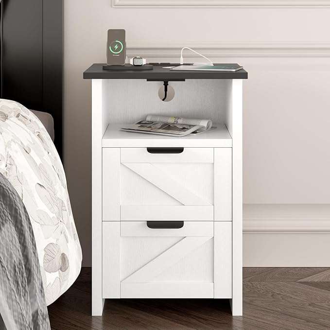 Farmhouse Night Stand Set of 2 with Charging Station, Bedside Table w/2 Drawers & Storage, Rustic End Tables for Bedroom, Living Room, Small Spaces, Home Office, White