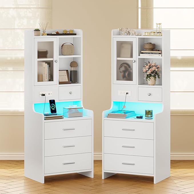 ADORNEVE Tall Night Stand with Charging Station and LED Lights,49.2" Nightstand with Bookshelf, White Bedside Table with Drawers,End Side Table for Bedrooms