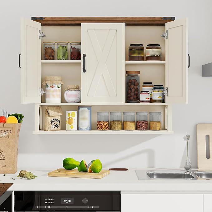 Halitaa Bathroom Wall Cabinet, Farmhouse Medicine Cabinet with Adjustable Wood Shelf & 3 Doors, Over The Toilet Storage Cabinet for Wall Mounted for Bathroom Laundry Room Kitchen, White and Brown