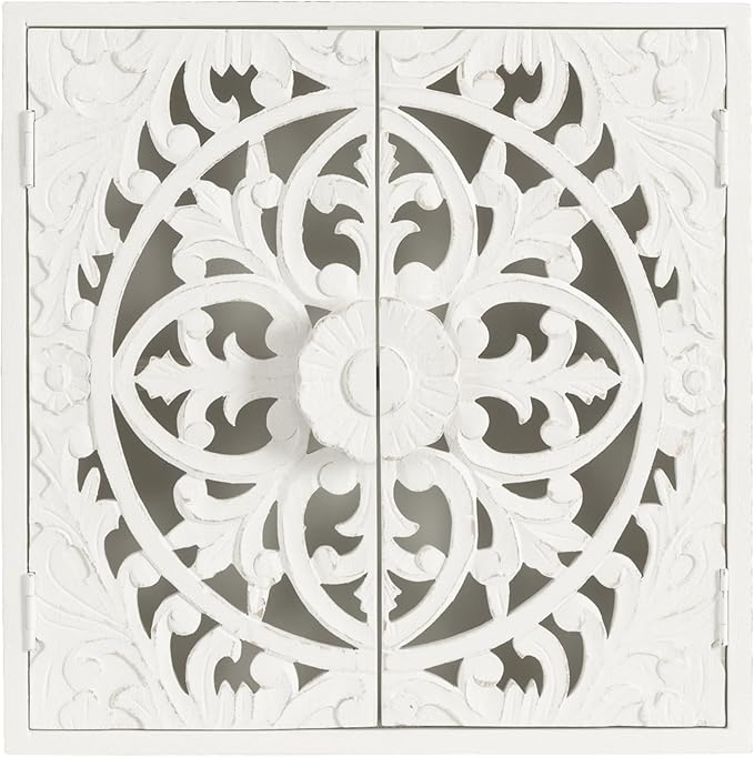 Kate and Laurel Saanvi Traditional Carved Wood Wall Cabinet; 20 x 6 x 20; White; Dimensional Over The Toilet Storage Cabinet for Bathroom Storage and Display